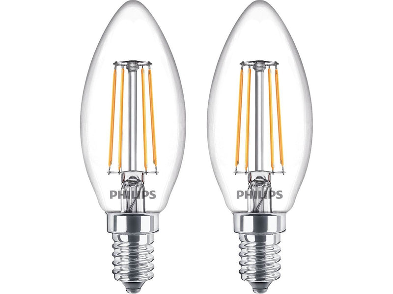 Philips LED-Lampe Classic Candle 4.3W/827 (40W) Clear 2-pack E14
