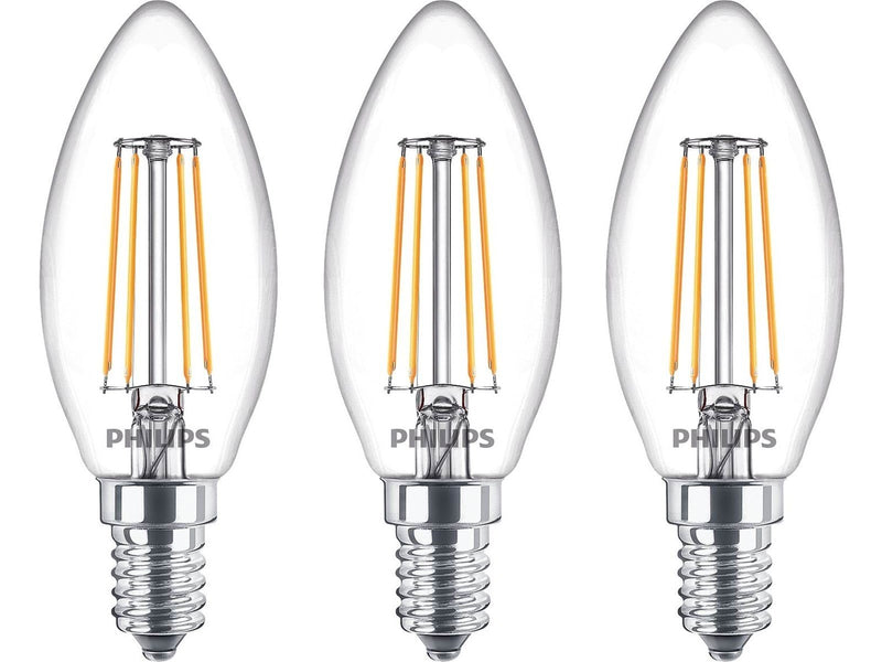 Philips LED-Lampe Classic Candle 4,3W/827 (40W) Clear 3-pack E14