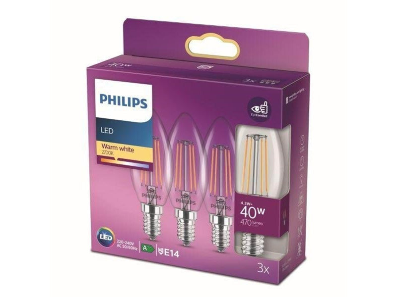 Philips LED-Lampe Classic Candle 4,3W/827 (40W) Clear 3-pack E14