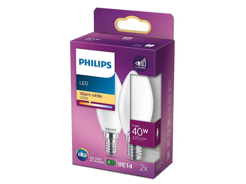 Philips LED-Lampe Classic Candle 4.3W/827 (40W) Frosted 2-pack E14