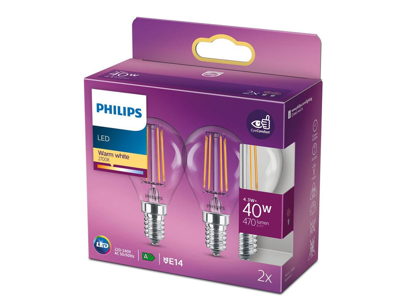 Philips LED-Lampe Classic Mini-ball 4.3W/827 (40W) Clear 2-pack E14