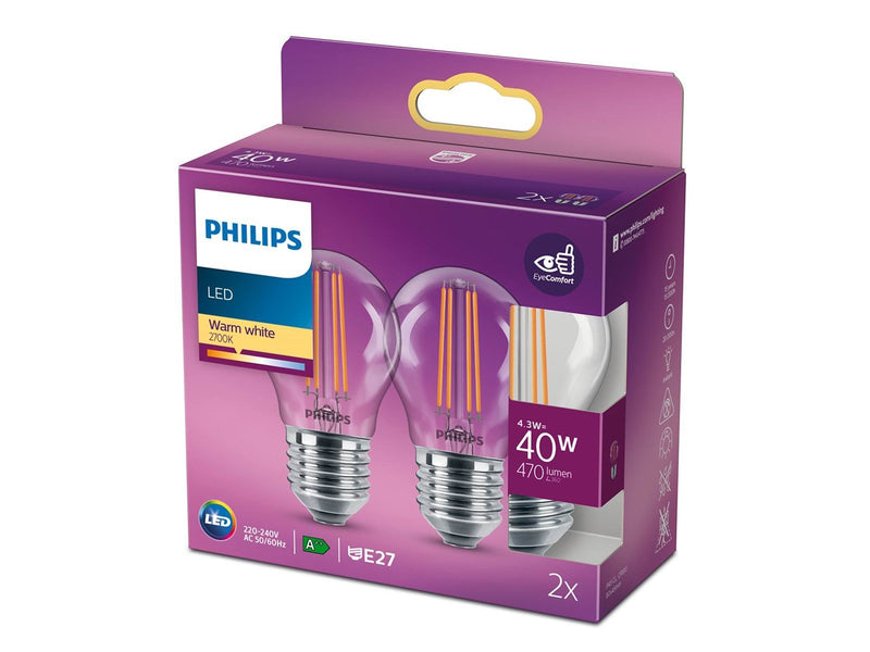 Philips LED-Lampe Classic Mini-ball 4.3W/827 (40W) Clear 2-pack E27