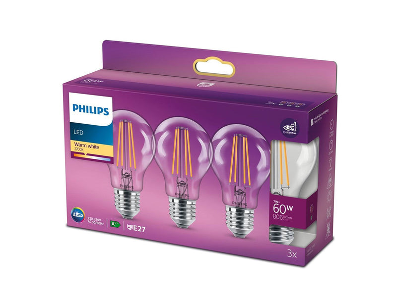Philips LED-Lampe Classic Standard 7W/827 (60W) Clear 3-pack E27