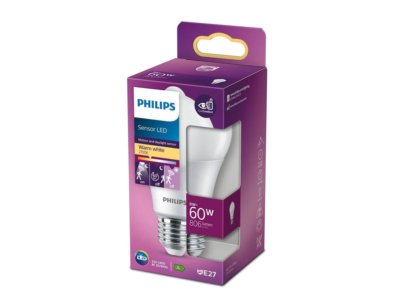 Philips LED-Lampe Standard Sensor 8W/827 (60W) Frosted E27