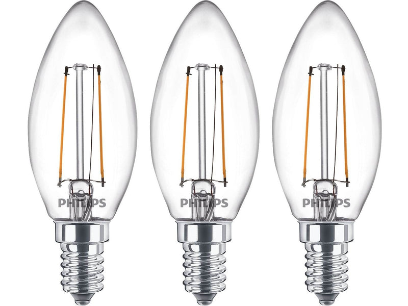 Philips LED-Lampe Classic Candle 2W/827 (25W) Clear 3-pak E14
