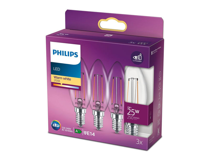 Philips LED-Lampe Classic Candle 2W/827 (25W) Clear 3-pak E14