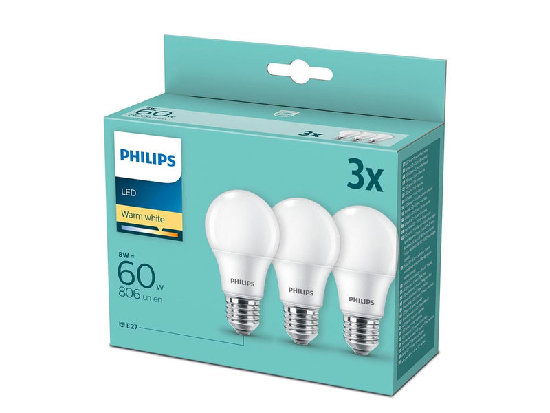 Philips LED-Lampe Standard 8W/827 (60W) Frosted 3-pack E27
