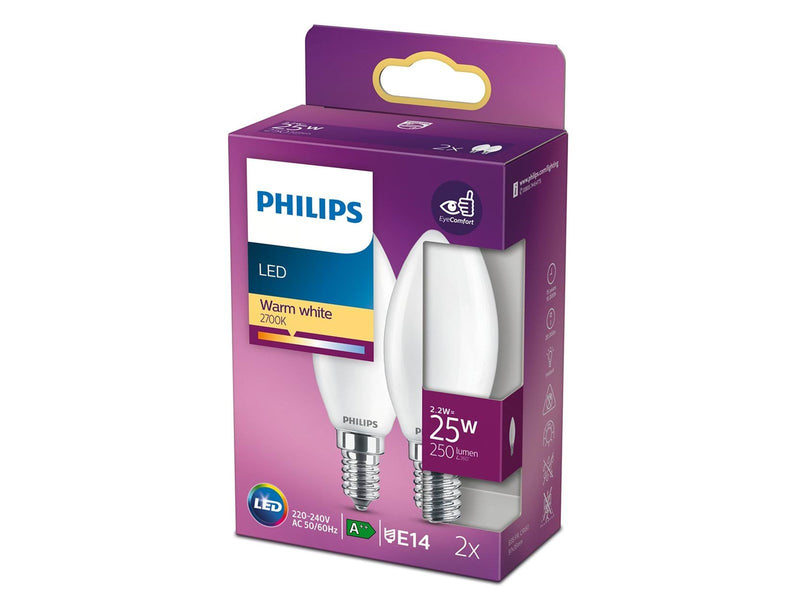 Philips LED-Lampe Candle 2.2W/827 (25W) Frosted 2-pack E14