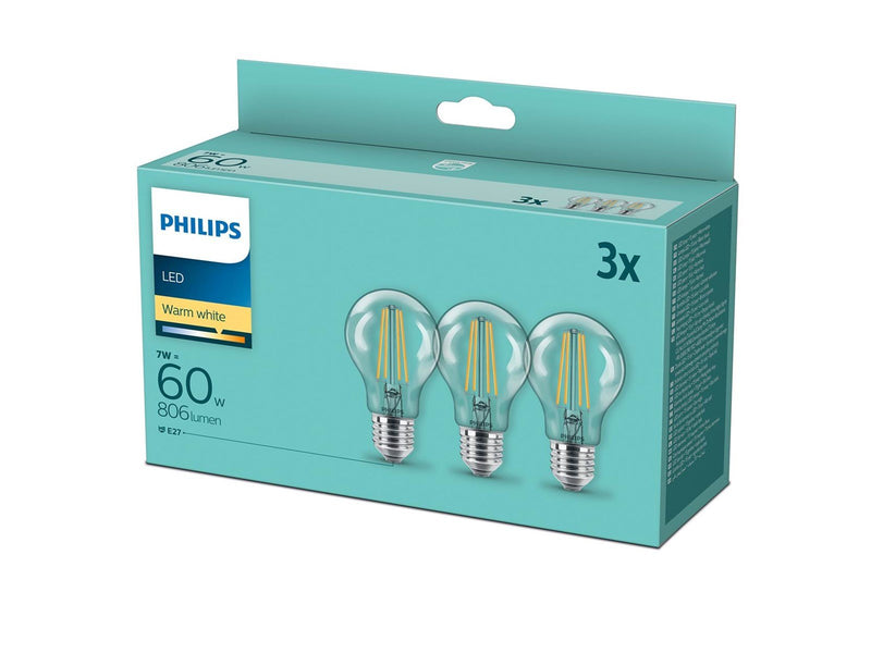 Philips LED-Lampe Classic Standard 7W/827 (60W) Clear 3-pack E27