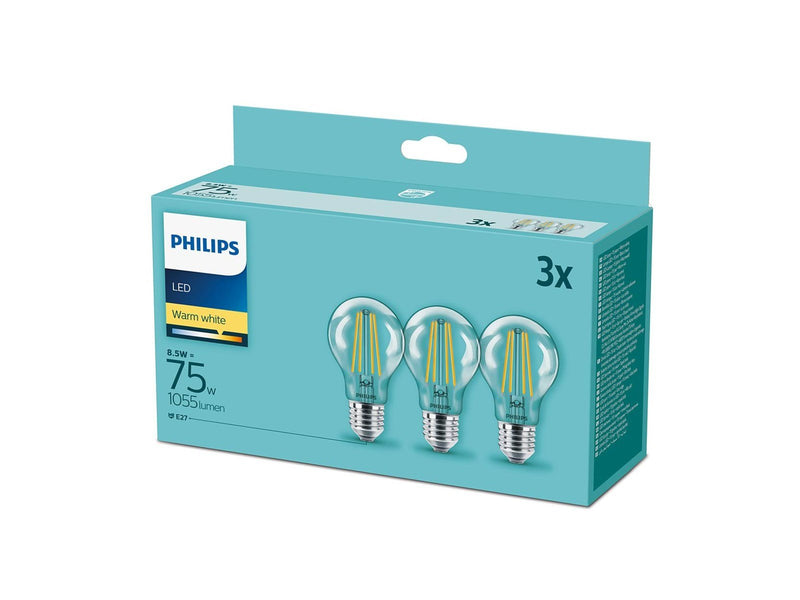 Philips LED-Lampe Classic Standard 8.5W/827 (75W) Clear 3-pack E27