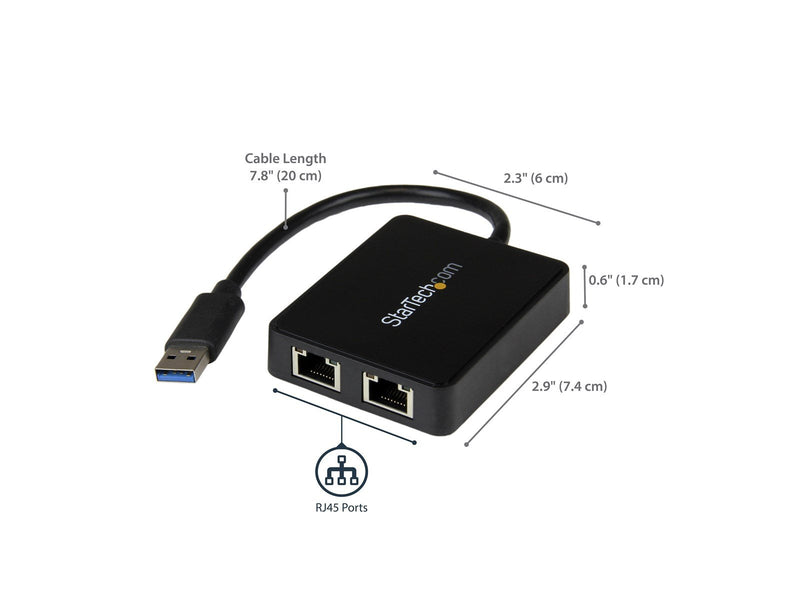StarTech.com USB32000SPT USB 3.0 to Dual Port Gigabit Ethernet Adapter w/ USB Port 10/100/1000 Mbps USB Gigabit LAN Network NIC
