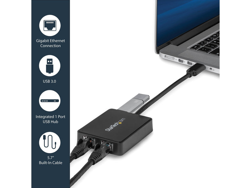 StarTech.com USB32000SPT USB 3.0 to Dual Port Gigabit Ethernet Adapter w/ USB Port 10/100/1000 Mbps USB Gigabit LAN Network NIC
