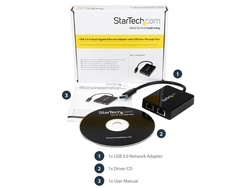 StarTech.com USB32000SPT USB 3.0 to Dual Port Gigabit Ethernet Adapter w/ USB Port 10/100/1000 Mbps USB Gigabit LAN Network NIC