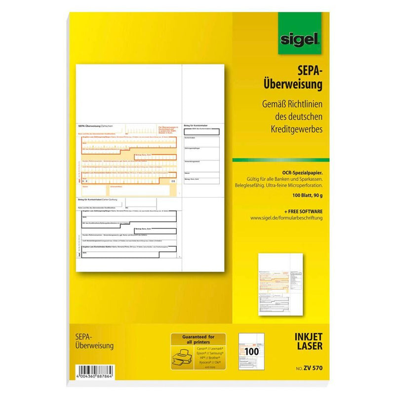 sigel SEPA-Überweisung/Zahlschein Bankformulare ZV570 - 100 Stück