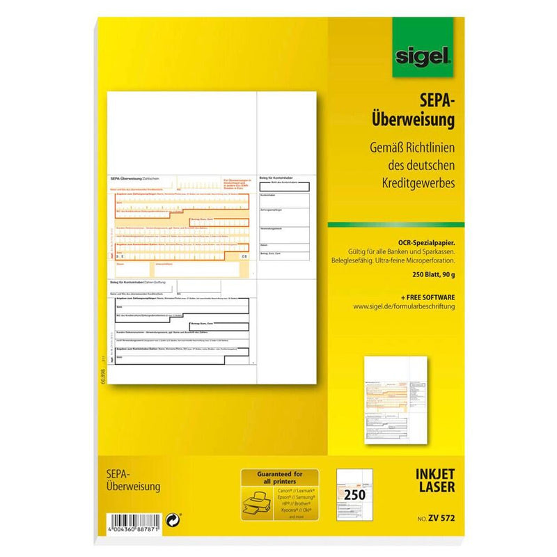 sigel SEPA-Überweisung/Zahlschein Bankformulare ZV572 - 250 Stück