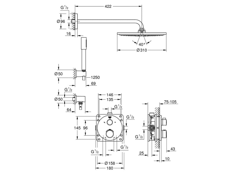 Grohe Grohtherm shower system, 2 heads, Wall, Chrome