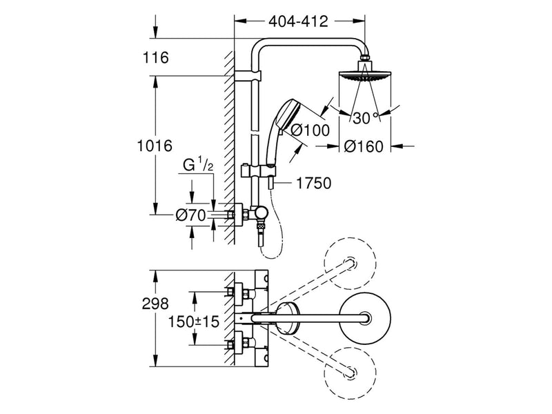 Grohe Tempesta Cosmopolitan System 160, Duschsystem mit Thermostatbatterie für die Wandmontage, chrom