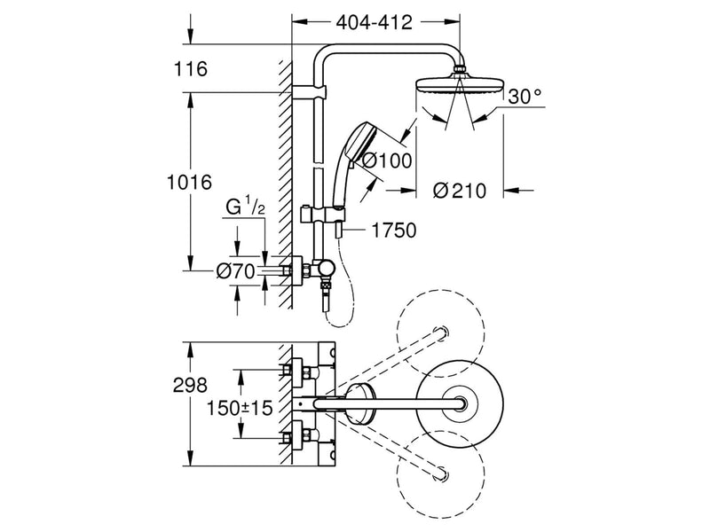 Grohe Tempesta Cosmopolitan System 210, Duschsystem mit Thermostatbatterie für die Wandmontage, chrom