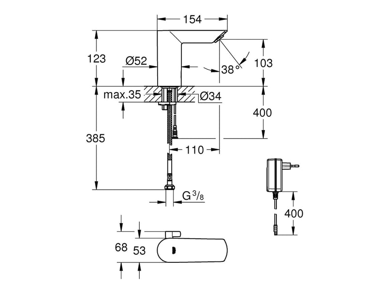Grohe Bau Cosmopolitan E, Infrarot-Elektronik für Waschtisch 1/2" mit Mischung und Temperaturbegrenzer, chrom