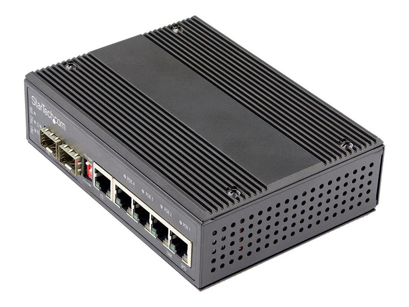 StarTech.com Industrial 5 Port Gigabit Ethernet Switch - 4 PoE RJ45 +2 SFP Slots 30W PoE+ 12-48VDC 10/100/1000 Rugged Power Over