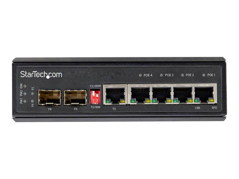 StarTech.com Industrial 5 Port Gigabit Ethernet Switch - 4 PoE RJ45 +2 SFP Slots 30W PoE+ 12-48VDC 10/100/1000 Rugged Power Over