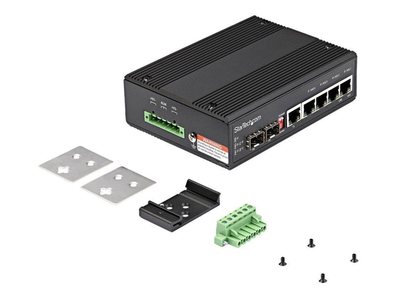 StarTech.com Industrial 5 Port Gigabit Ethernet Switch - 4 PoE RJ45 +2 SFP Slots 30W PoE+ 12-48VDC 10/100/1000 Rugged Power Over