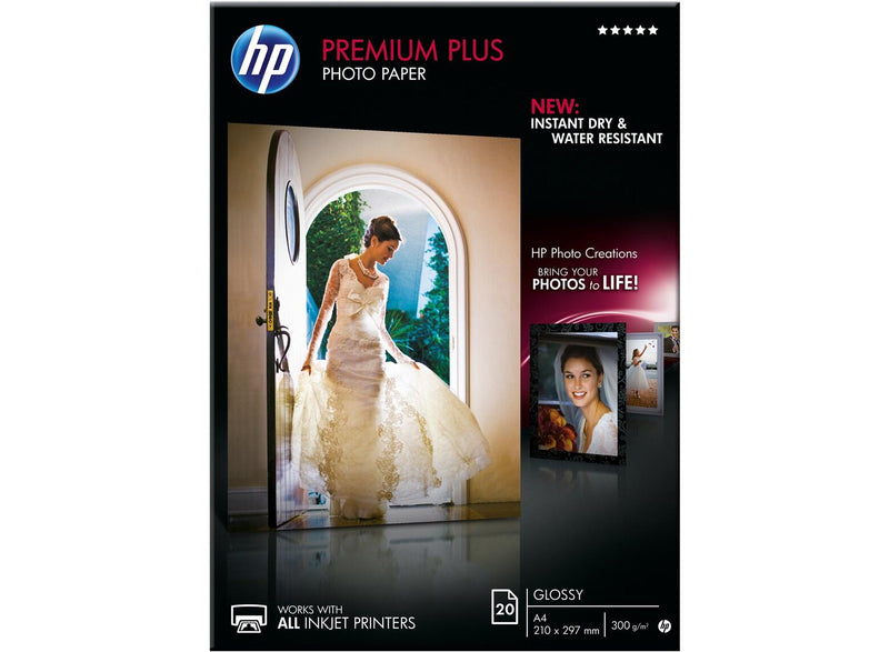 HP Premium Plus Fotopapier glänzend A4 (210 x 297 mm) 20 Blatt für Officejet Pro, Deskjet, ENVY (CR672A)