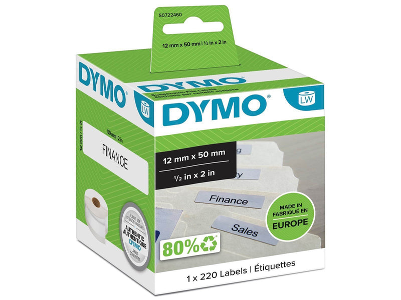 DYMO LabelWriter Etiketten für Hängemappen | 12 mm x 50 mm | Rolle mit 220 leicht ablösbaren Etiketten | selbstklebend