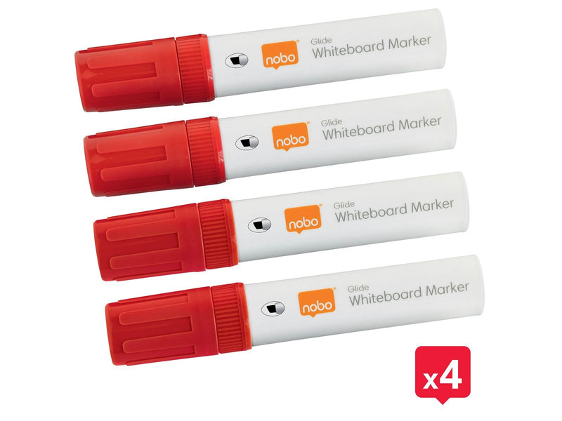 Nobo  Glide Boardmarker, trocken abwischbar, große Keilspitze, 4 Stück Rot
