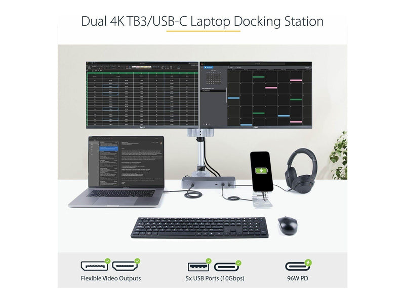 StarTech.com Thunderbolt 3 Dock w/USB-C Host Compatibility - Dual 4K 60Hz DP 1.4 or HDMI TB3/USB-C Docking Station - 1x 8K - 96W