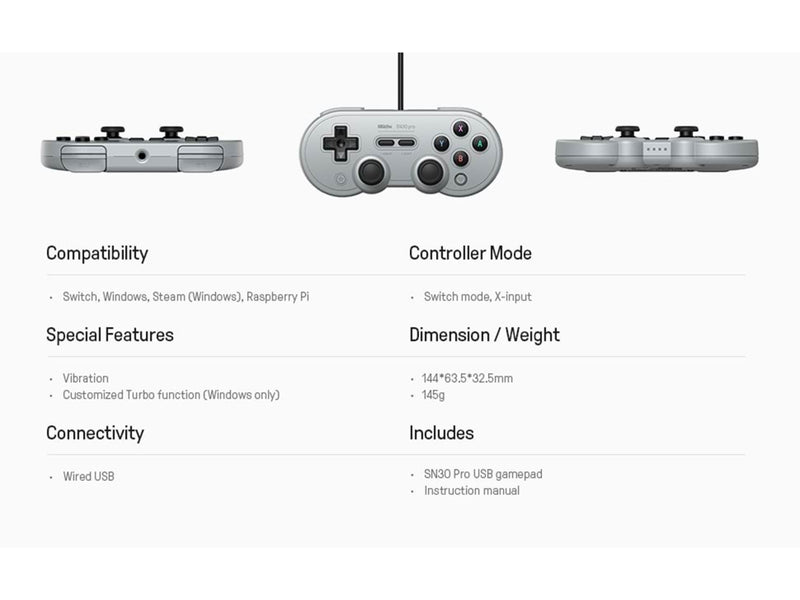 8BitDo SN30 Pro USB Gamepad Gray Edition - Wired Controller - Nintendo Switch
