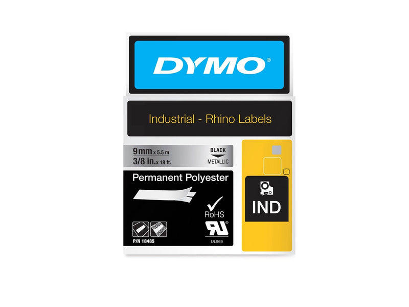 DYMO Rhino Industrie Permanente Polyesteretiketten | 9 mm x 5,5 m | Schwarz auf Metallic