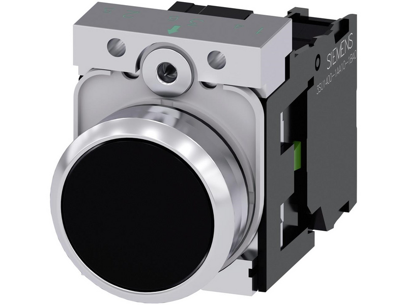Siemens Pushbutton 22mm round metal shiny black flat button momentary contact type with holder 1no screw terminal