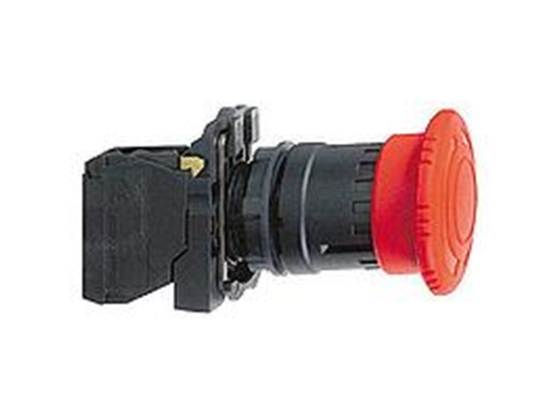 Schneider Electric Harmony emergency stop complete with ø40 mm toad head in red with push / turn function and 1xno + 1xnc xb5as8