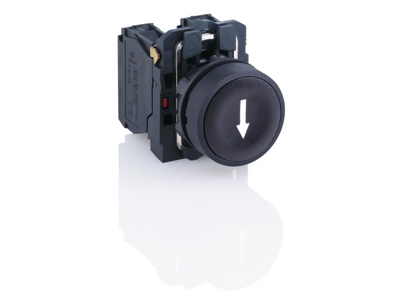 Schneider Electric Harmony push button complete with spring return and flat touch surface in black with white arrow 1XNO XB5AA33