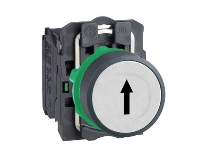 Schneider Electric Harmony push button complete with spring return and flat touch surface in white with black arrow 1xno xb5aa33