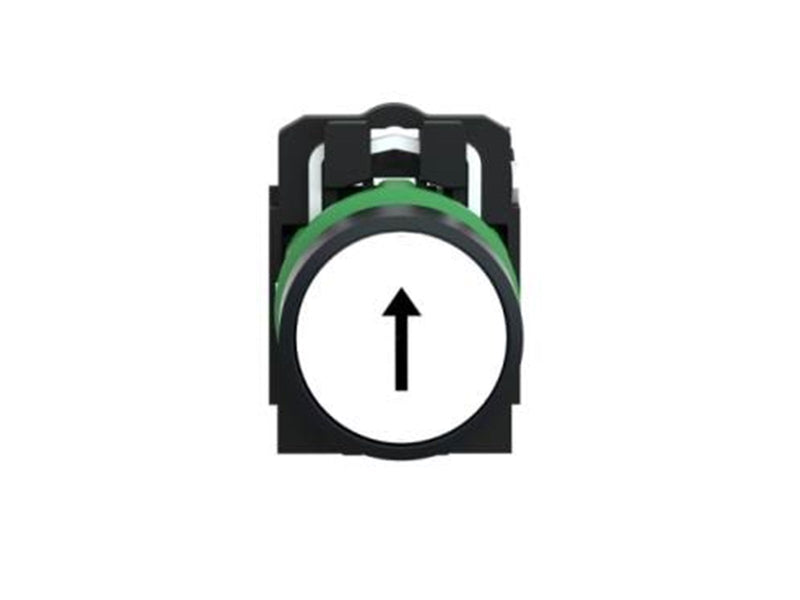 Schneider Electric Harmony push button complete with spring return and flat touch surface in white with black arrow 1xno xb5aa33