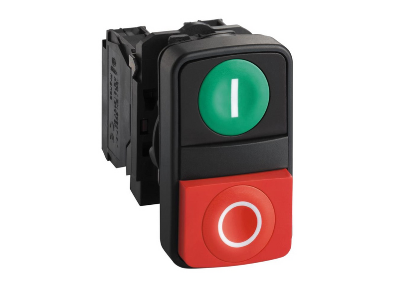 Schneider Electric Harmony double pushbutton complete with white i on green pushbutton and white o on red raised pushbutton 1xno