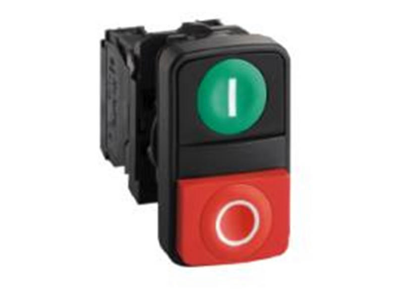 Schneider Electric Harmony double pushbutton complete with white i on green pushbutton and white o on red raised pushbutton 1xno
