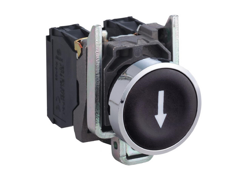 Schneider Electric Harmony push button complete with spring return and flat touch surface in black with white arrow 1xno xb4ba33