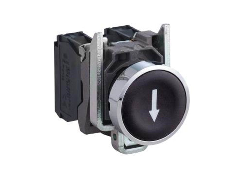 Schneider Electric Harmony push button complete with spring return and flat touch surface in black with white arrow 1xno xb4ba33