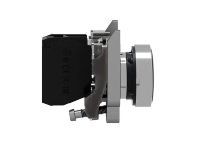 Schneider Electric Harmony push button complete with spring return and flat touch surface in black with white arrow 1xno xb4ba33