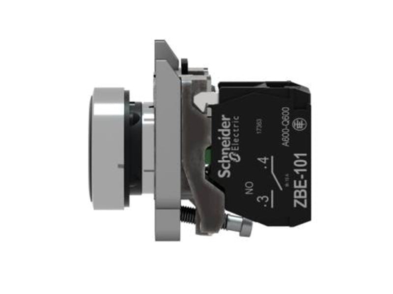 Schneider Electric Harmony push button complete with spring return and flat touch surface in black with white arrow 1xno xb4ba33