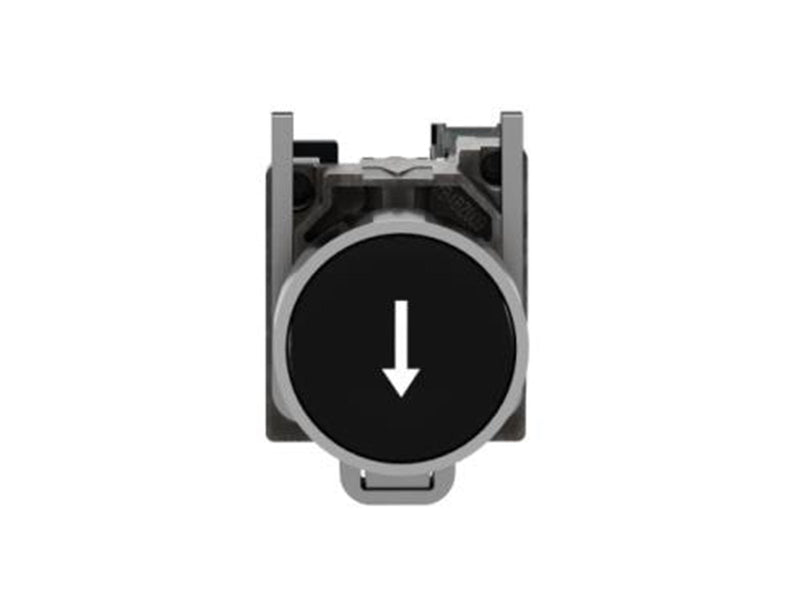 Schneider Electric Harmony push button complete with spring return and flat touch surface in black with white arrow 1xno xb4ba33