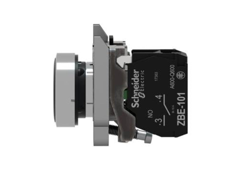 Schneider Electric Harmony push button complete with spring return and flat touch surface in black with white arrow 1xno xb4ba33