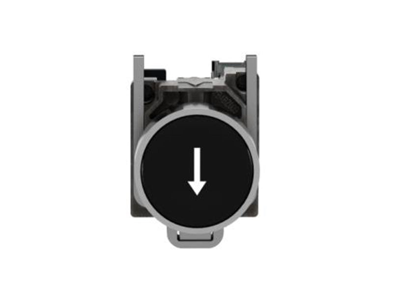 Schneider Electric Harmony push button complete with spring return and flat touch surface in black with white arrow 1xno xb4ba33