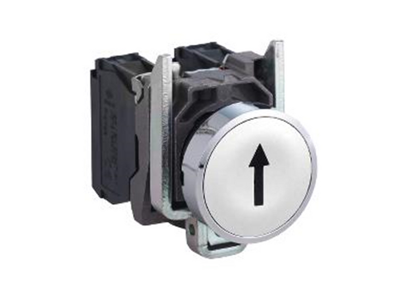 Schneider Electric Harmony push button complete with spring return and flat touch surface in white with black arrow 1xno xb4ba33