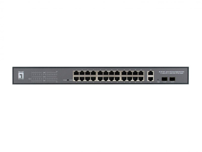 LevelOne Switch Web Smart 28 Gigabit Ethernet-Ports mit 24 PoE-Ports 375W, 2 Uplink Gigabit SFP, 2 Uplink Gigabit Ports