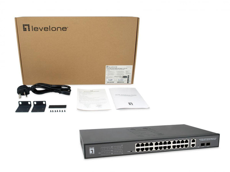 LevelOne Switch Web Smart 28 Gigabit Ethernet-Ports mit 24 PoE-Ports 375W, 2 Uplink Gigabit SFP, 2 Uplink Gigabit Ports