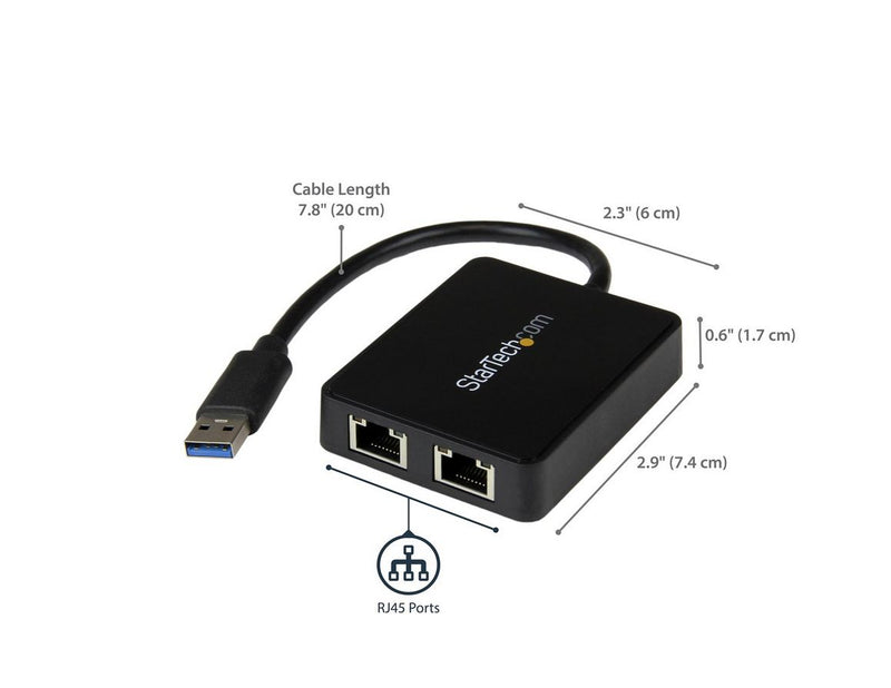 StarTech.com USB32000SPT USB 3.0 to Dual Port Gigabit Ethernet Adapter w/ USB Port 10/100/1000 Mbps USB Gigabit LAN Network NIC Adapter